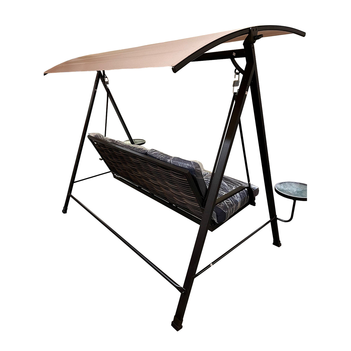 Living Accents 3 person Black Steel Frame Swing with Tables Blue Hi