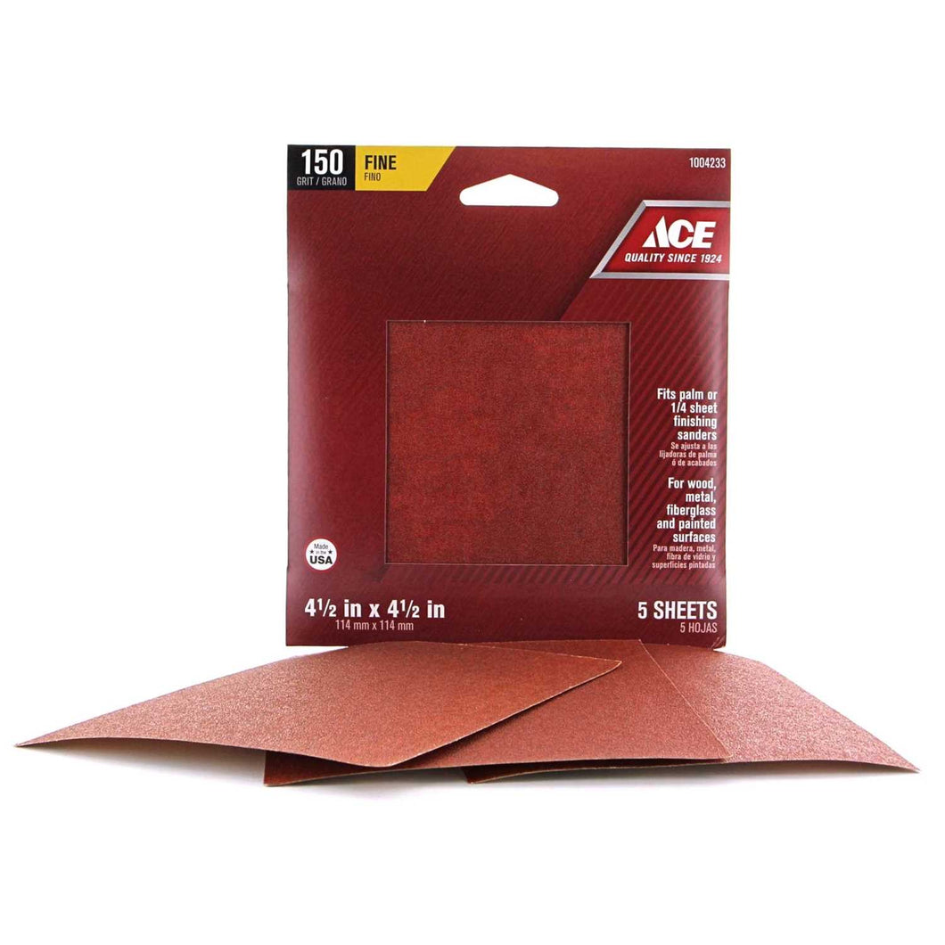 Ace 4-1/2 in. L x 4-1/2 in. W 150 Grit Fine Aluminum Oxide Sandpaper 5 pk