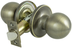 ProSource Passage Door Knob, 2-3/8 - 2-3/4 In, Adjustable 6-Way Latch Bolt Fasteners, Antiqued Brass