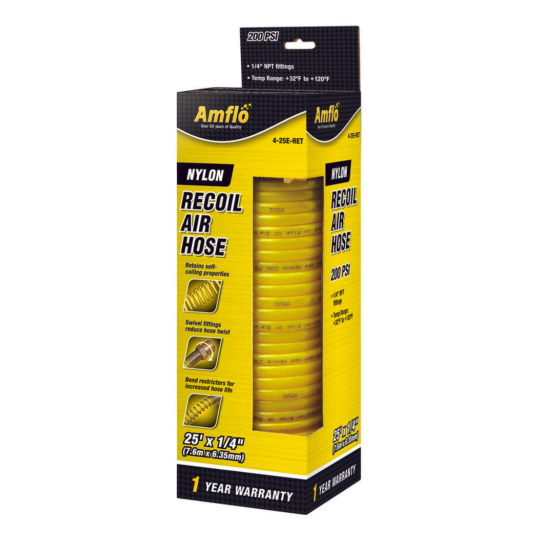 Amflo 25 ft. L X 1/4 in. D Nylon Recoil Air Hose 200 psi Yellow