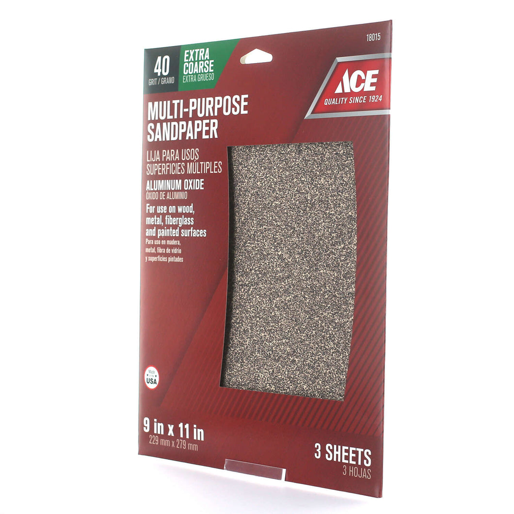 Ace 11 in. L X 9 in. W 40 Grit Aluminum Oxide Sandpaper 3 pk