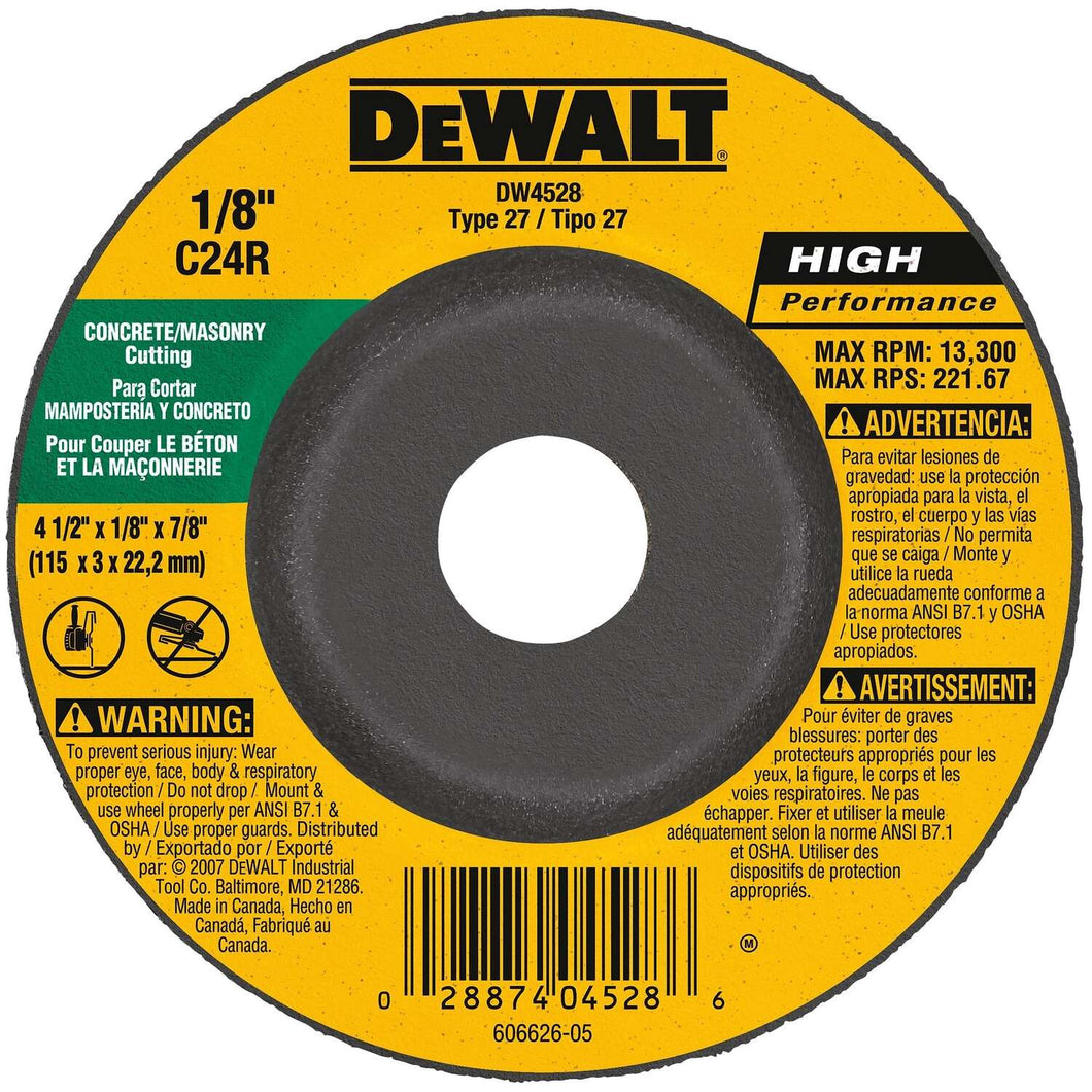 DeWalt High Performance 4-1/2 in. D X 7/8 in. Silicon Carbide Masonry Cutting Wheel 1 pc