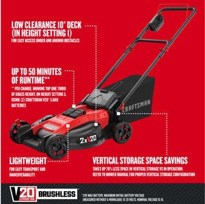 Craftsman V20 Max 20 in. 20 V Battery Lawn Mower Kit (Battery & Charger)