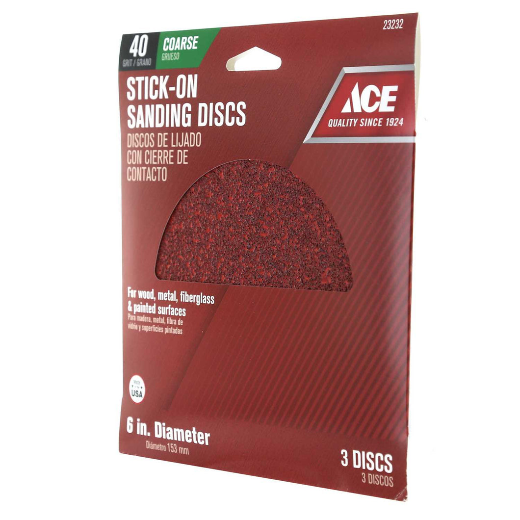 Ace 6 in. Aluminum Oxide Adhesive Sanding Disc 40 Grit Extra Coarse 3 pk