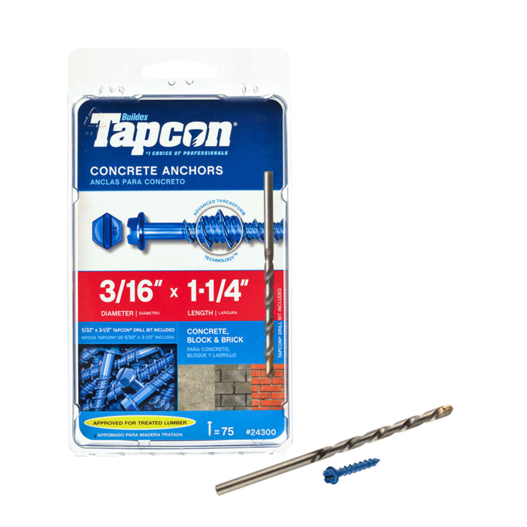 Tapcon 3/16 in. D X 1-1/4 in. L Steel Hex Head Concrete Screw Anchor 75 pk