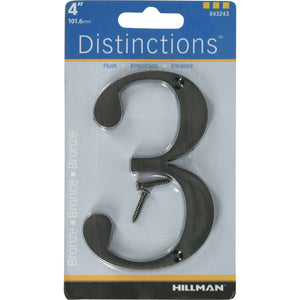 Hillman Distinctions 4 in. Bronze Zinc Die-Cast Screw-On Number 3 1 pc