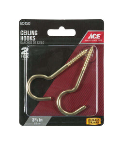 Ace Small Polished Brass Green Brass 3.375 in. L Ceiling Hook 40 lb 2 pk