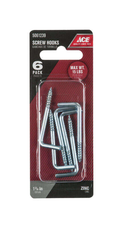 Ace Small Zinc-Plated Silver Steel 1.8125 in. L Square Bend Screw Hook 15 lb 6 pk
