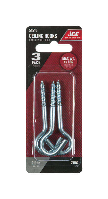 Ace Small Silver Steel 2.4375 in. L Ceiling Hook 45 lb 3 pk