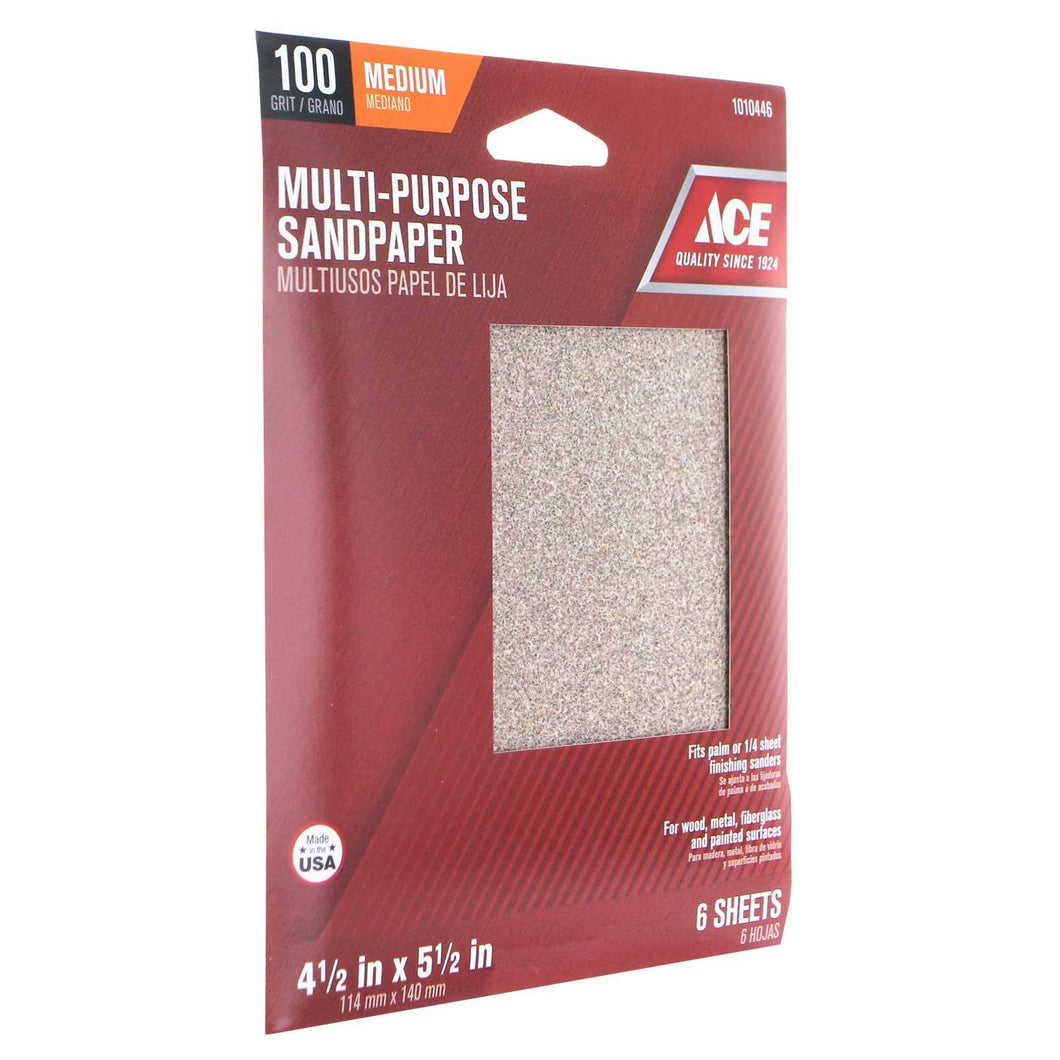 Ace 5-1/2 in. L x 4-1/2 in. W 100 Grit Medium Aluminum Oxide 1/4 Sheet Sandpaper 6 pk