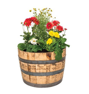 Real Wood Products 17.5 in. H X 25.5 in. D Wood Whiskey Barrel Planter Brown