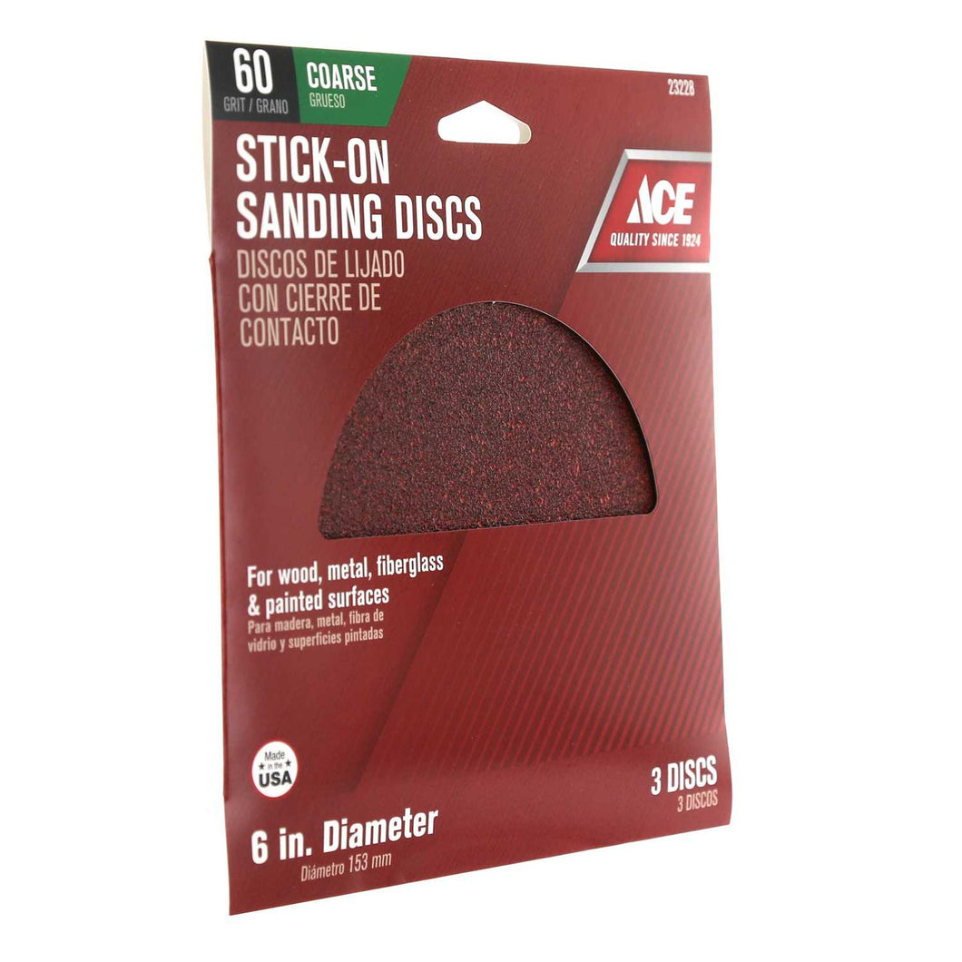 Ace 6 in. Aluminum Oxide Adhesive Sanding Disc 60 Grit Coarse 3 pk