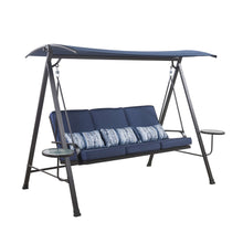 Load image into Gallery viewer, Living Accents 3 person Black Steel Frame Swing with Tables Blue