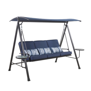 Living Accents 3 person Black Steel Frame Swing with Tables Blue