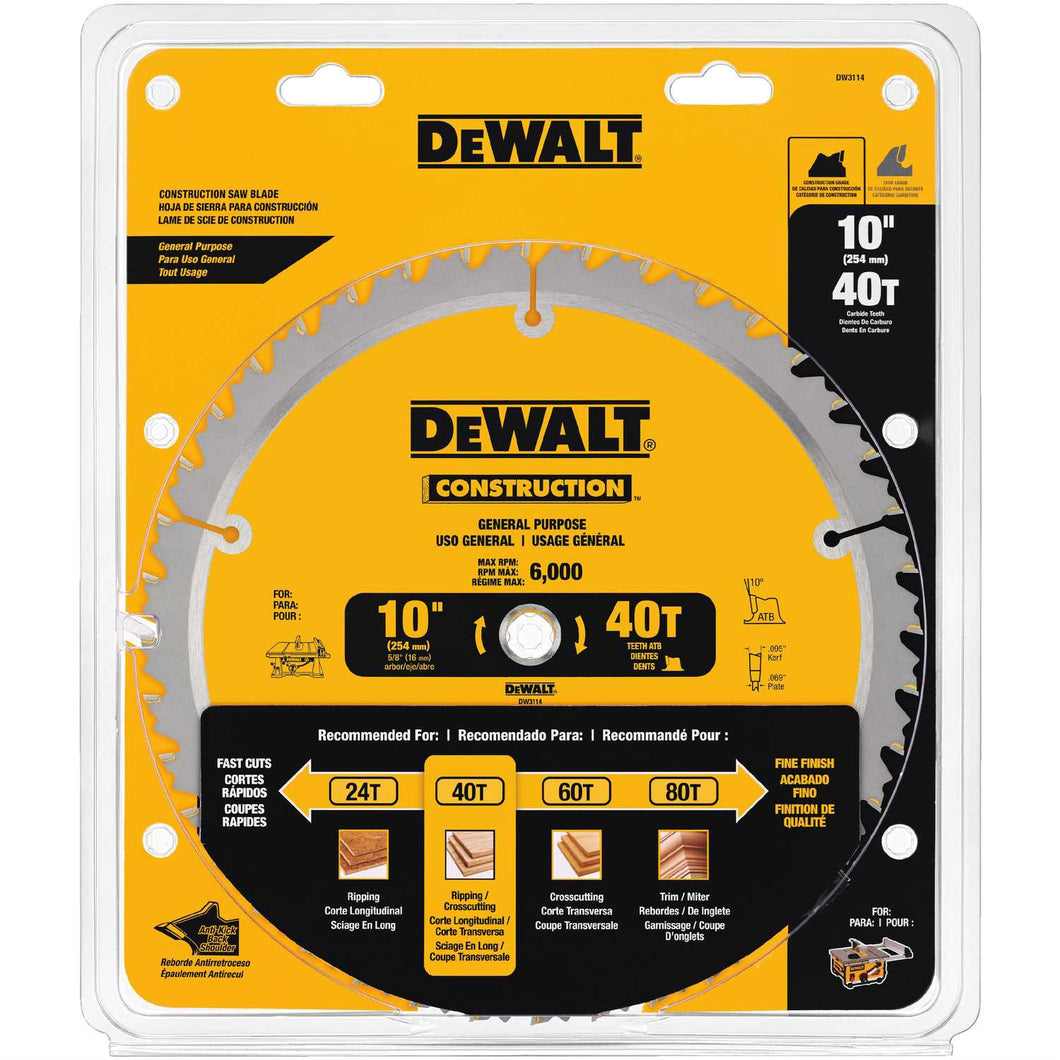 DeWalt 10 in. Dia. x 5/8 in. Construction Circular Saw Blade Carbide Tipped 40 teeth 1 pk