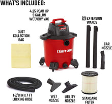 Load image into Gallery viewer, Craftsman 9 gal. Corded Wet/Dry Vacuum 8.3 amps 120 volt 4.25 hp Red 16 lb.